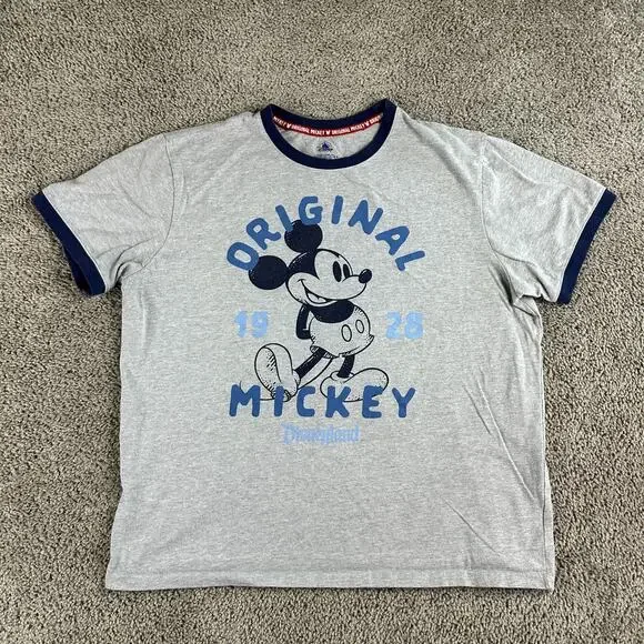 Disney Shirt Mens Large Gray Blue Mickey Mouse Ringer Short Sleeve Walt Disney - Picture 2 of 9